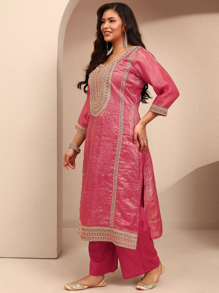 Plus Size Pink Embroidered Plus Size Clothing Organza Straight Suit Set With Dupatta