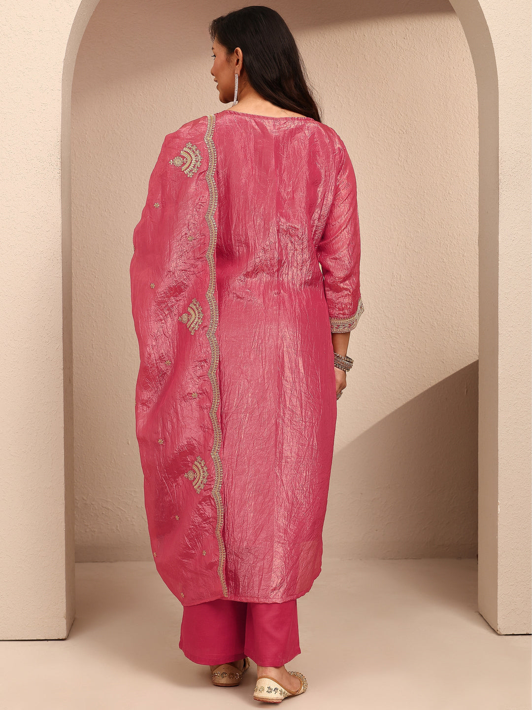 Plus Size Pink Embroidered Plus Size Clothing Organza Straight Suit Set With Dupatta
