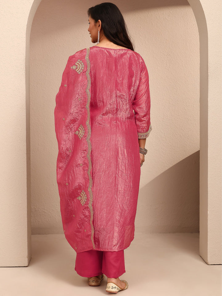 Plus Size Pink Embroidered Plus Size Clothing Organza Straight Suit Set With Dupatta