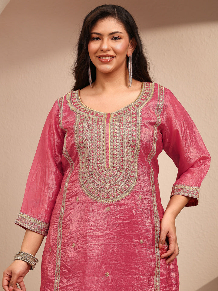 Plus Size Pink Embroidered Plus Size Clothing Organza Straight Suit Set With Dupatta