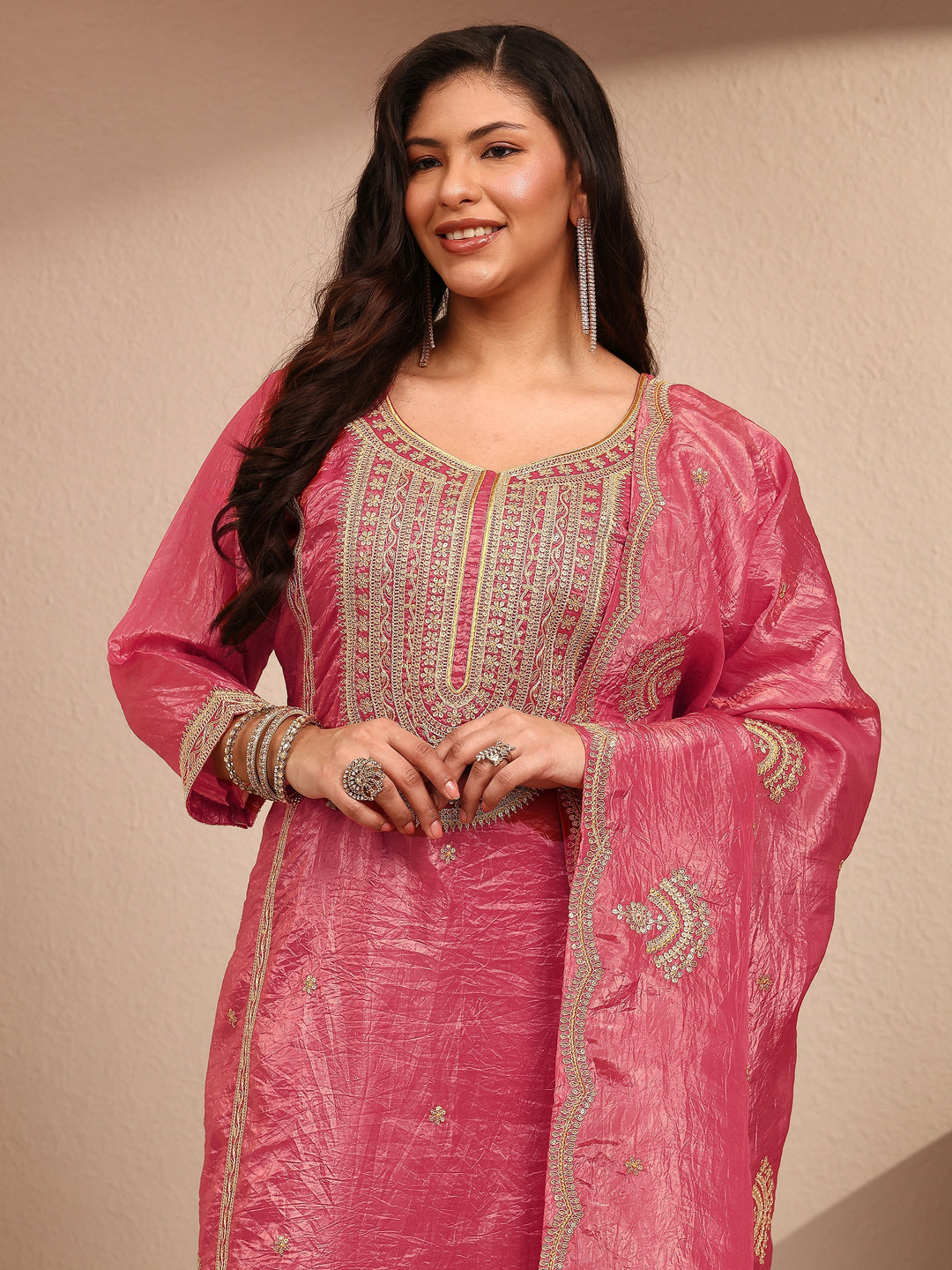 Plus Size Pink Embroidered Plus Size Clothing Organza Straight Suit Set With Dupatta