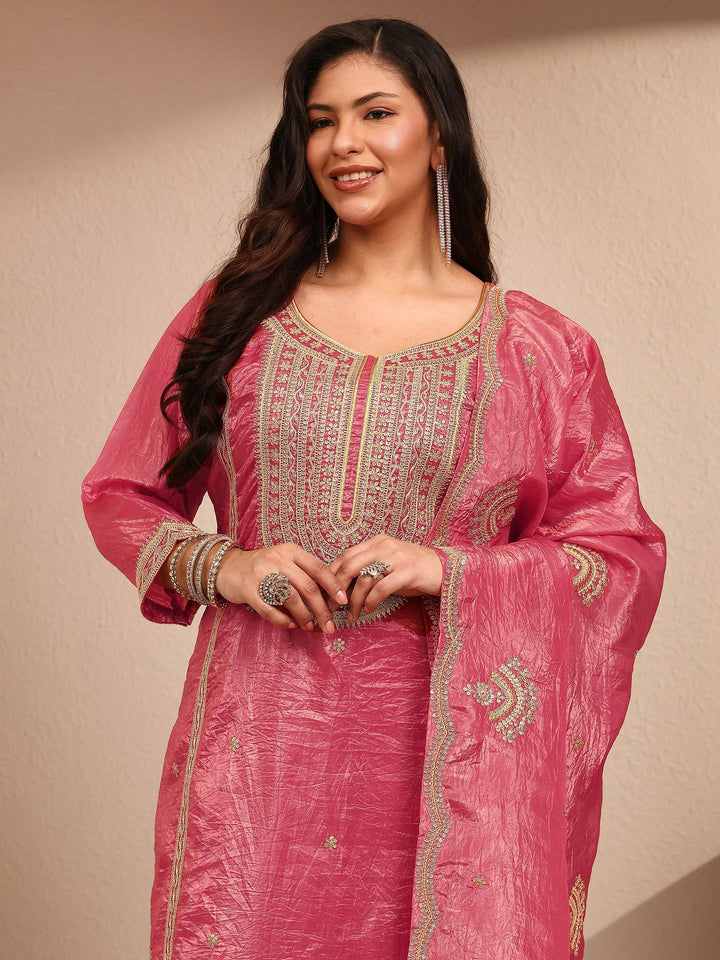 Plus Size Pink Embroidered Plus Size Clothing Organza Straight Suit Set With Dupatta