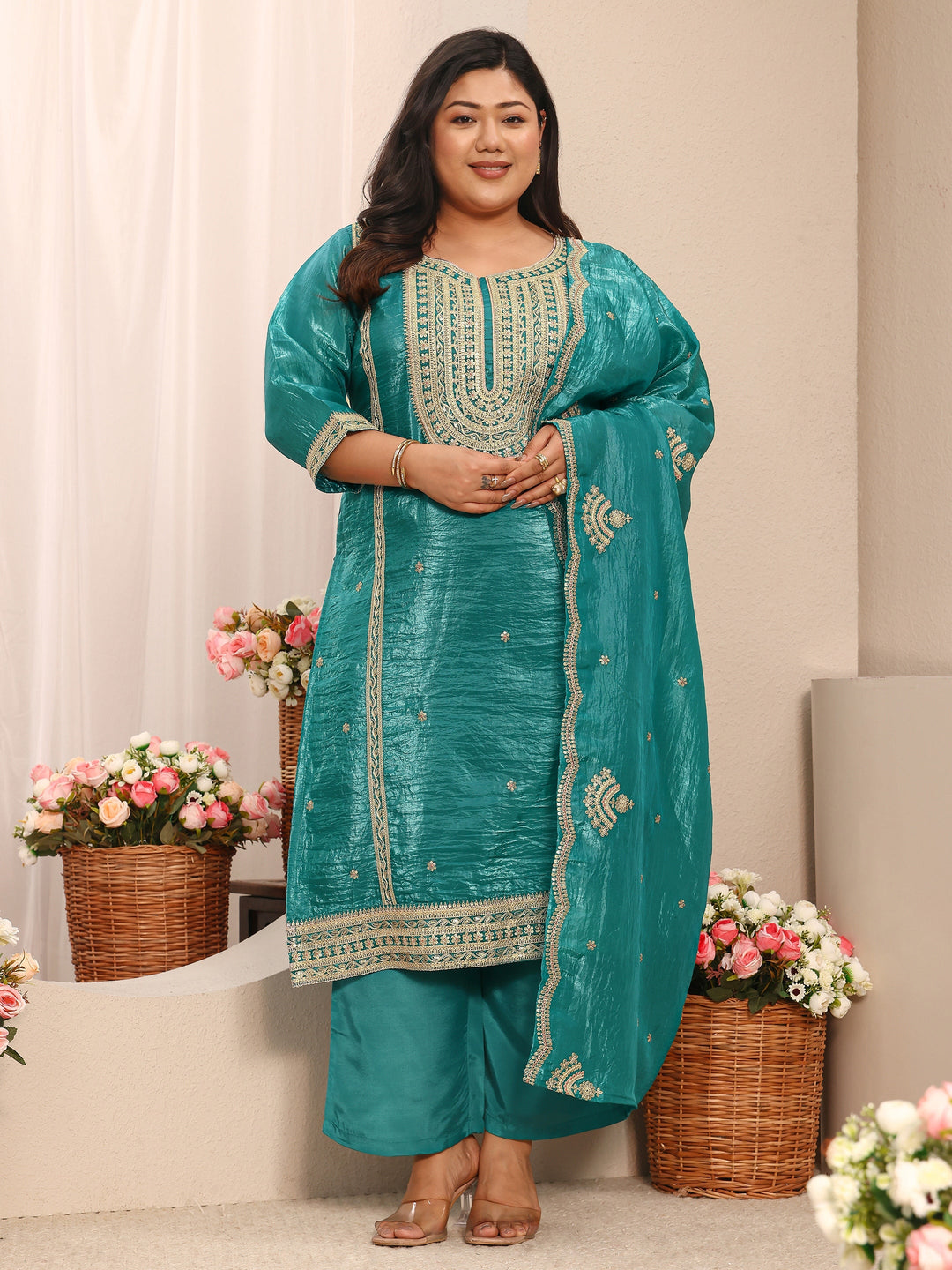 Plus Size Green Embroidered Organza Straight Suit Set With Dupatta