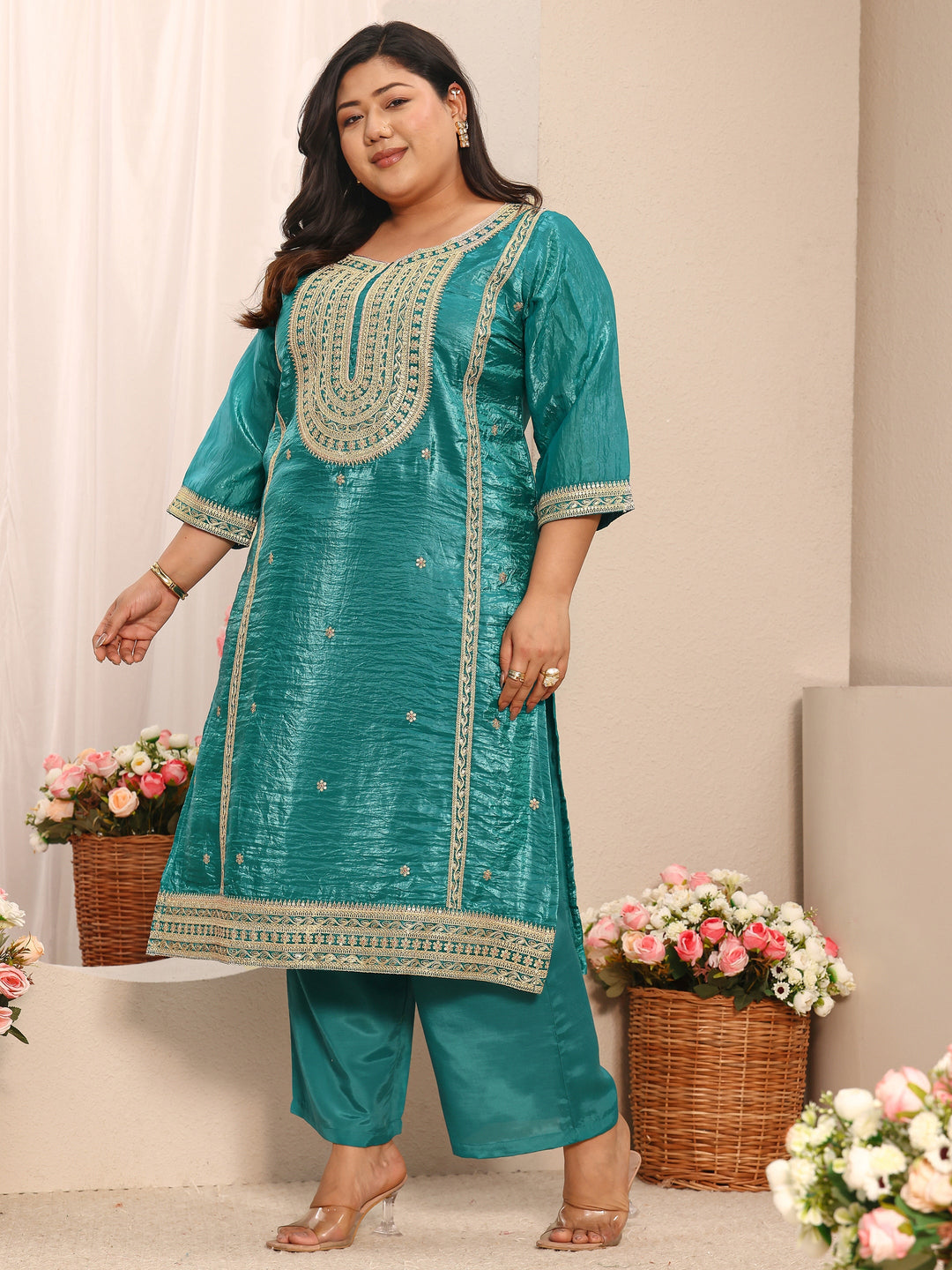 Plus Size Green Embroidered Organza Straight Suit Set With Dupatta