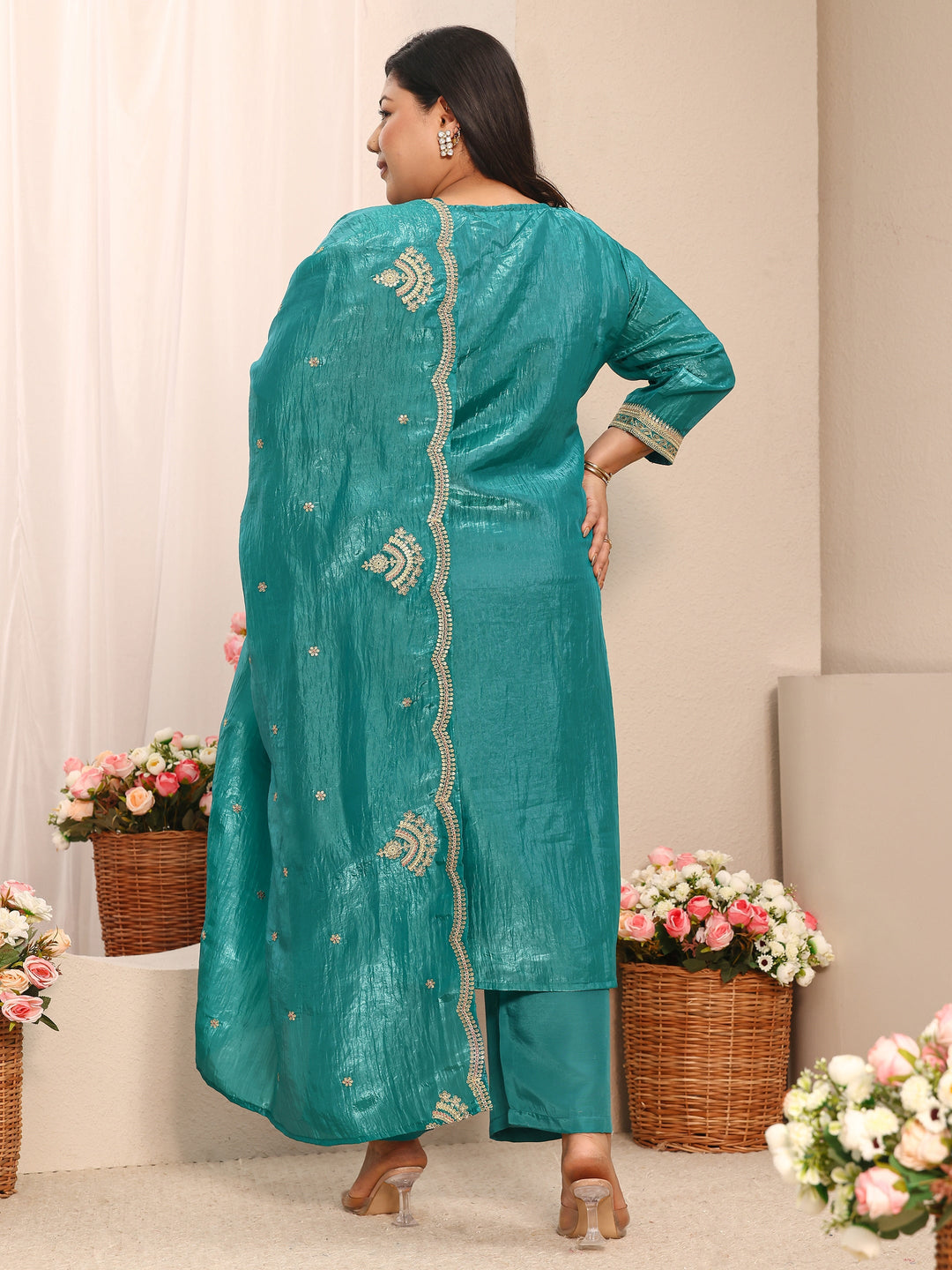 Plus Size Green Embroidered Organza Straight Suit Set With Dupatta