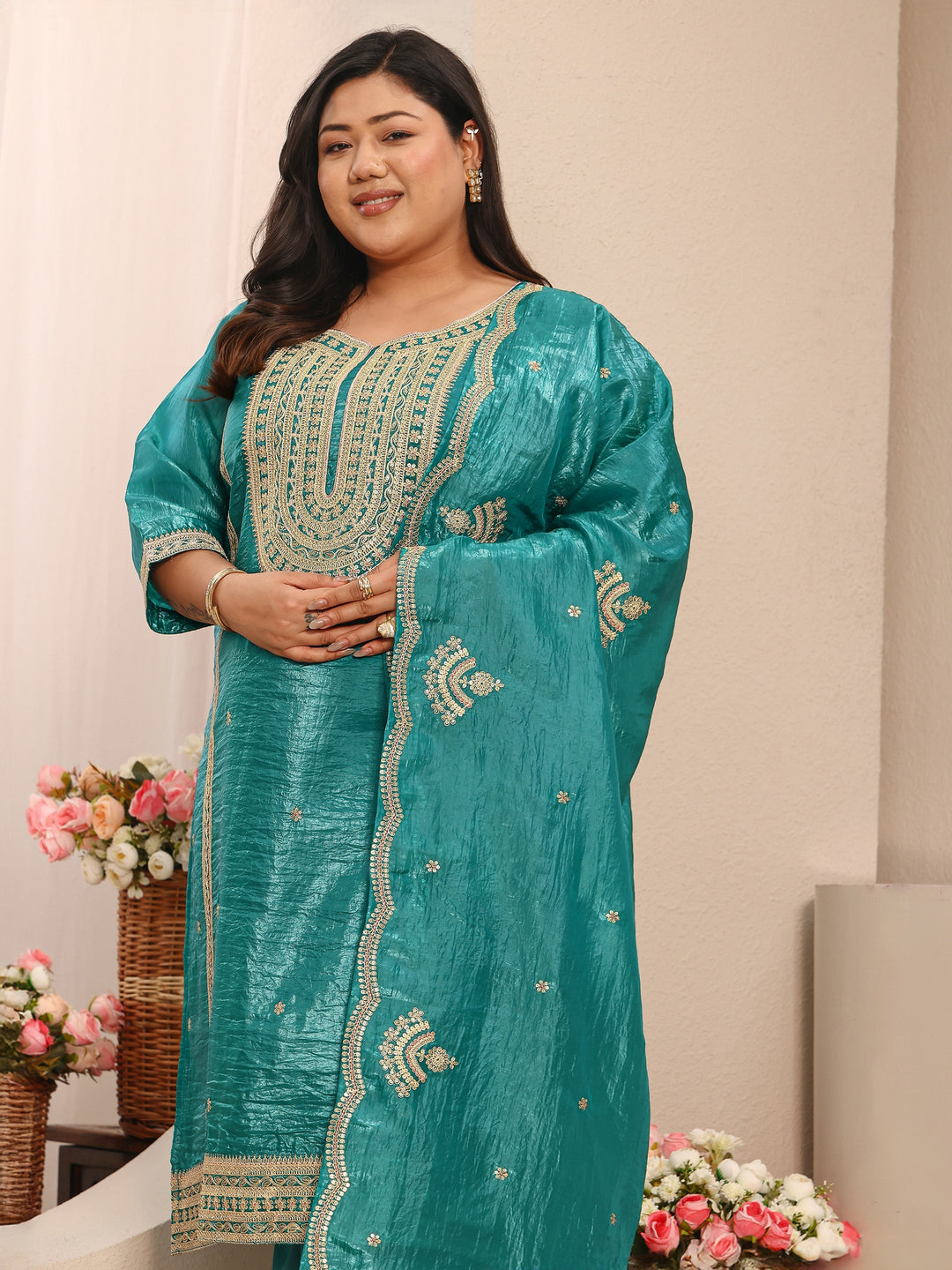 Plus Size Green Embroidered Organza Straight Suit Set With Dupatta