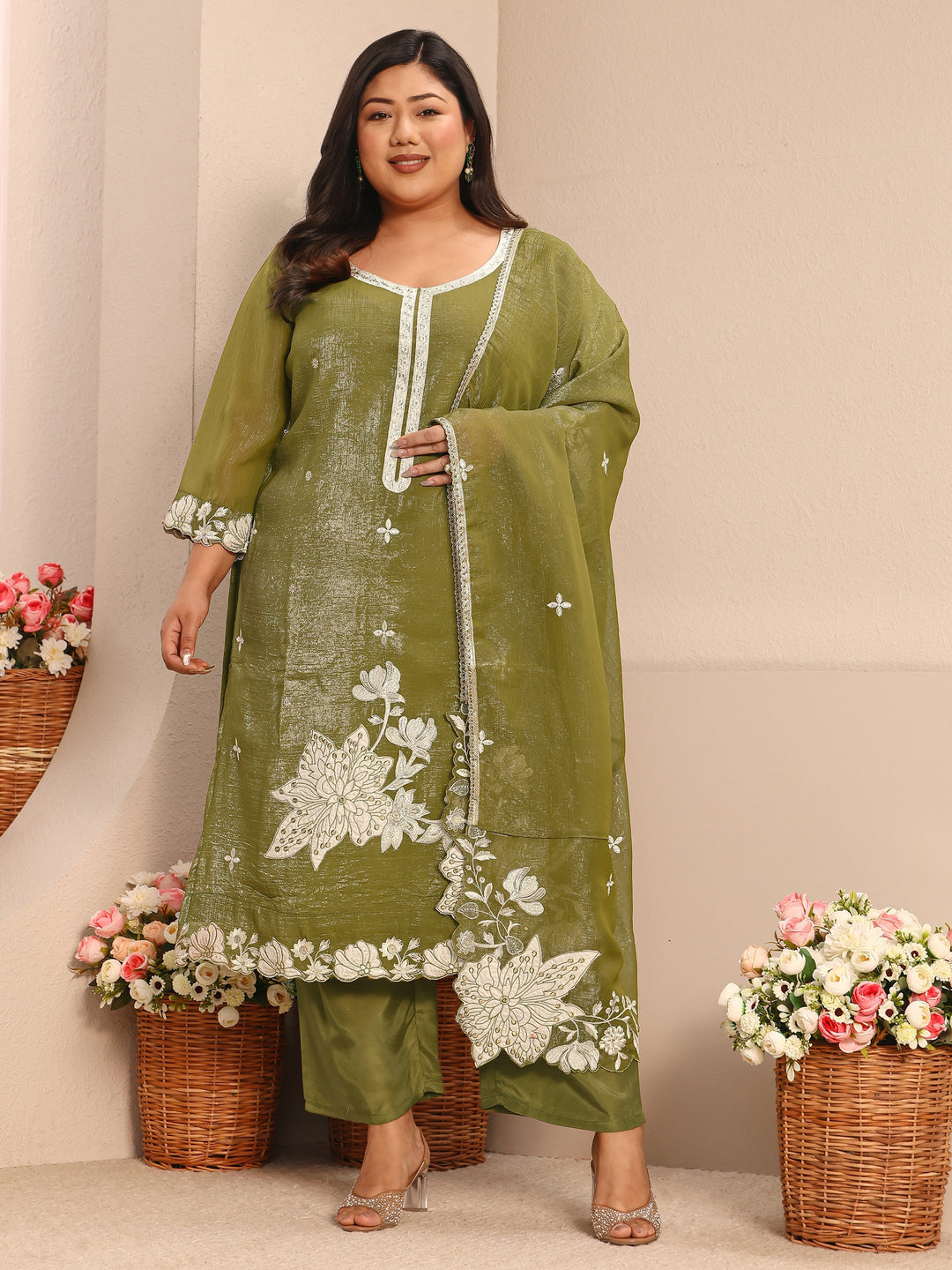 Plus Size Floral Embroidered Chinon Straight Suit Set With Dupatta