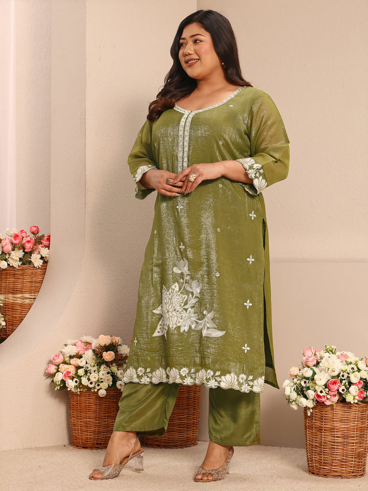 Plus Size Floral Embroidered Chinon Straight Suit Set With Dupatta