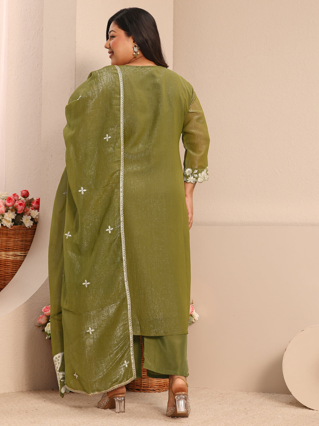 Plus Size Floral Embroidered Chinon Straight Suit Set With Dupatta