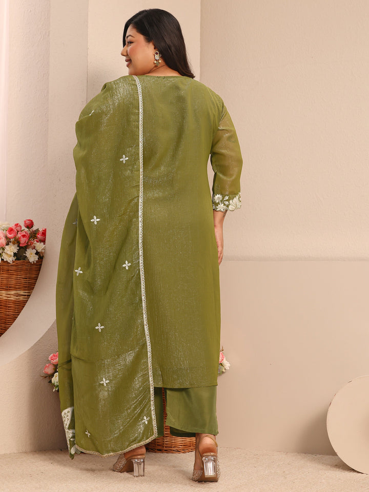 Plus Size Floral Embroidered Chinon Straight Suit Set With Dupatta