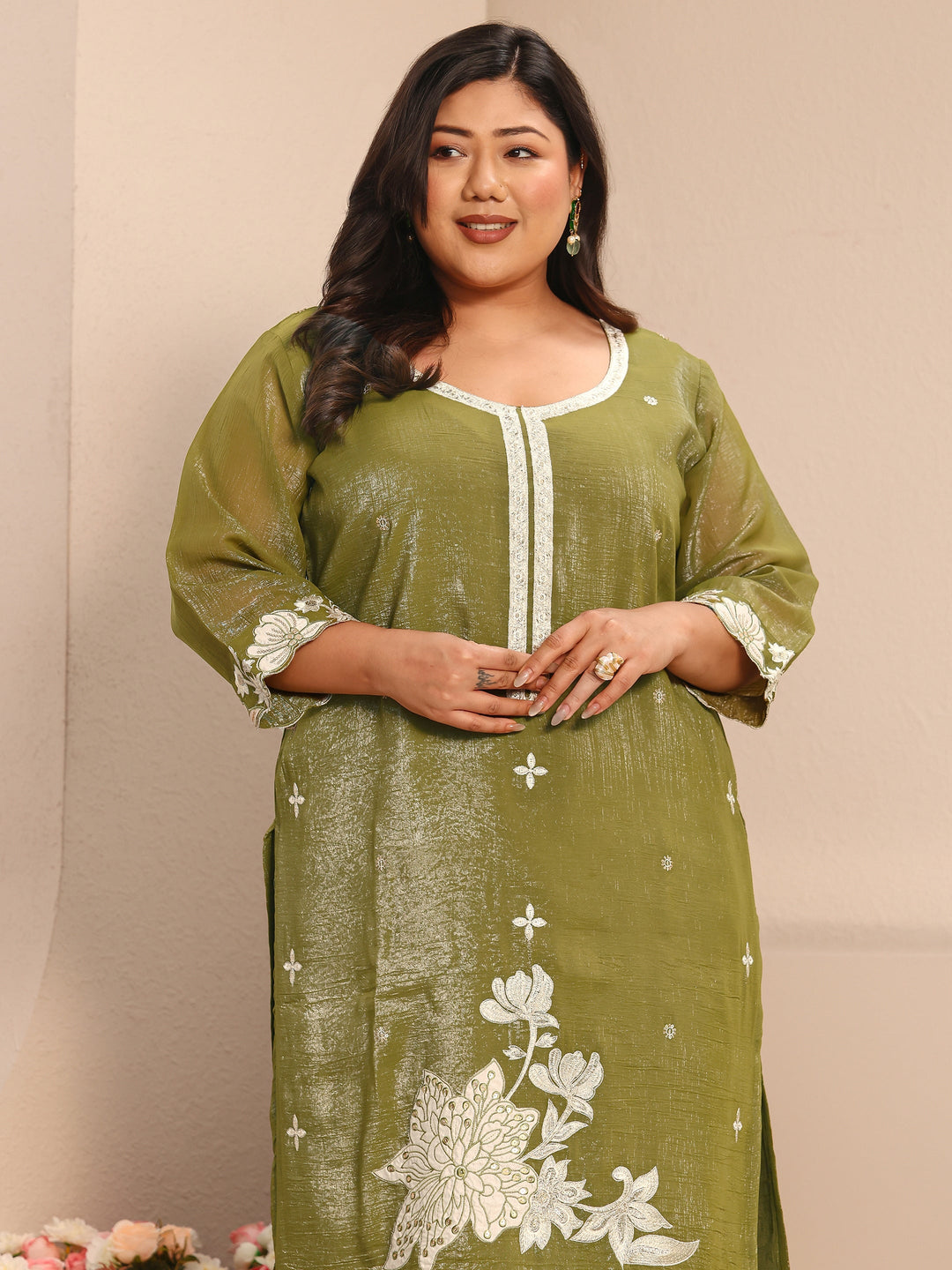 Plus Size Floral Embroidered Chinon Straight Suit Set With Dupatta