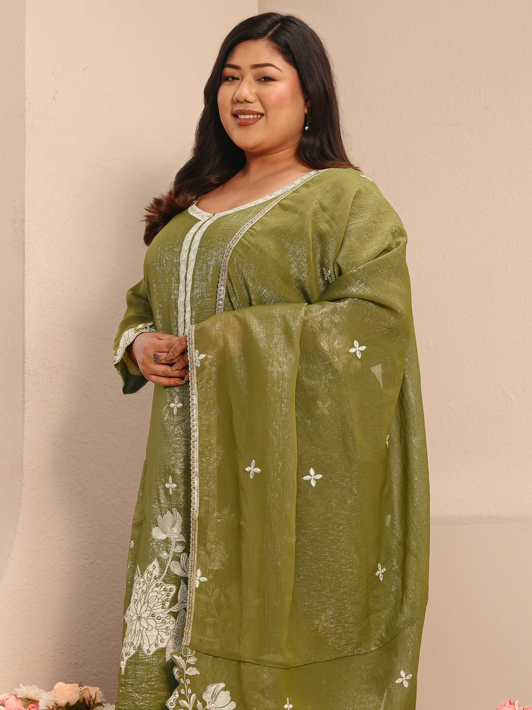 Plus Size Floral Embroidered Chinon Straight Suit Set With Dupatta