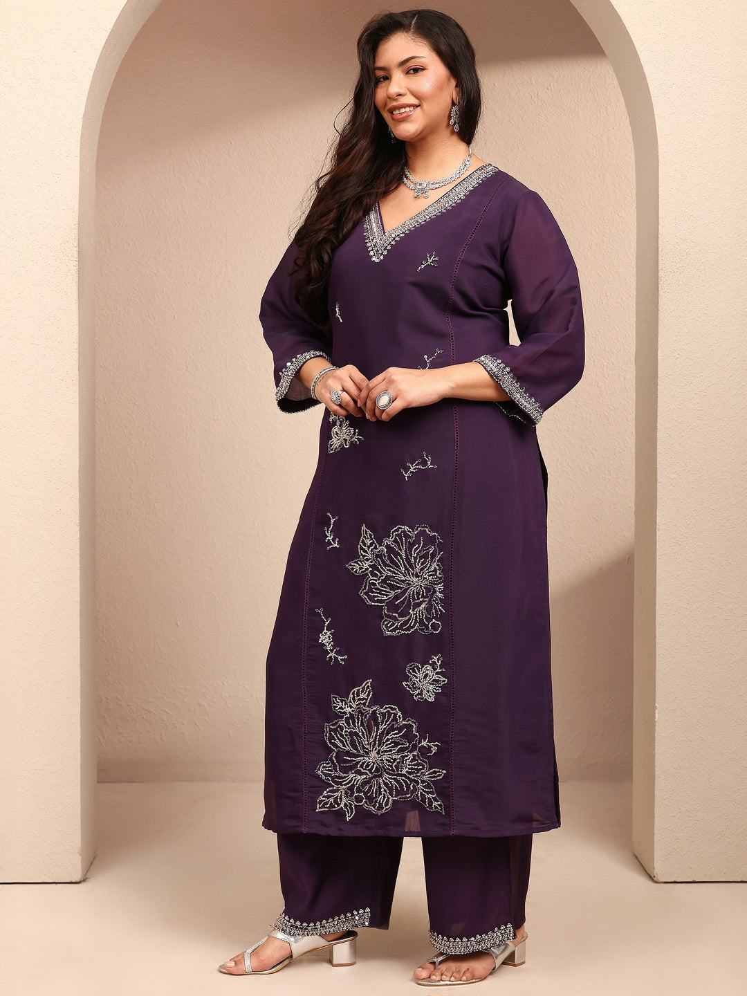 Plus Size Burgundy Embroidered Plus Size Clothing Silk Blend Straight Suit Set With Dupatta