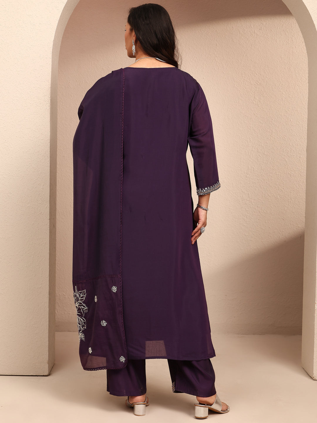 Plus Size Burgundy Embroidered Plus Size Clothing Silk Blend Straight Suit Set With Dupatta