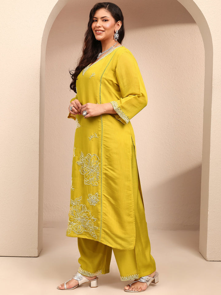 Plus Size Mustard Embroidered Plus Size Clothing Silk Blend Straight Suit Set With Dupatta