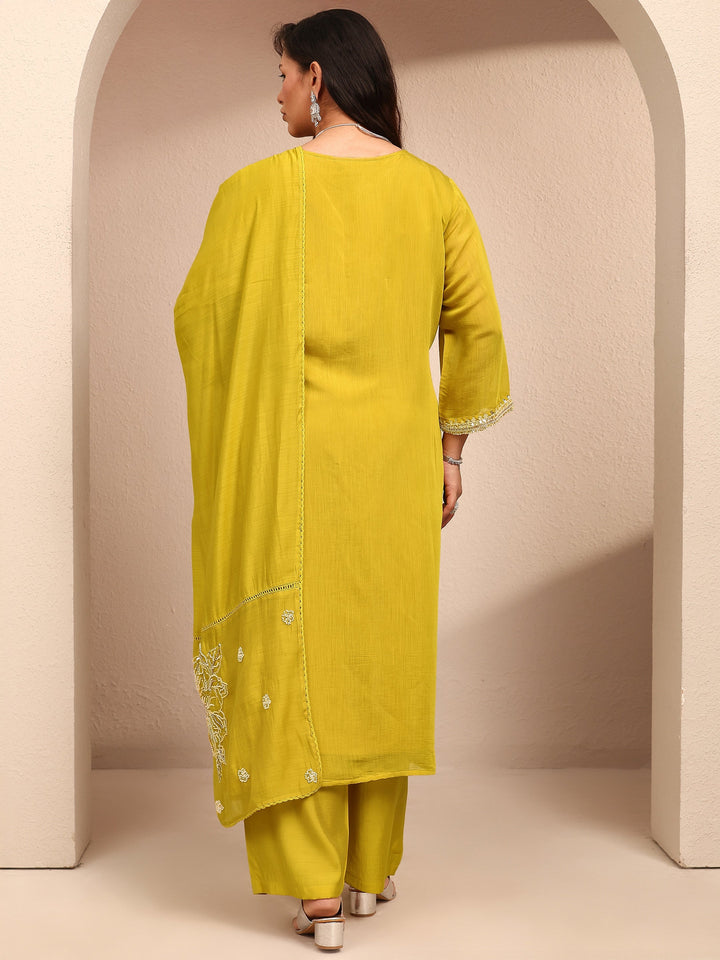 Plus Size Mustard Embroidered Plus Size Clothing Silk Blend Straight Suit Set With Dupatta