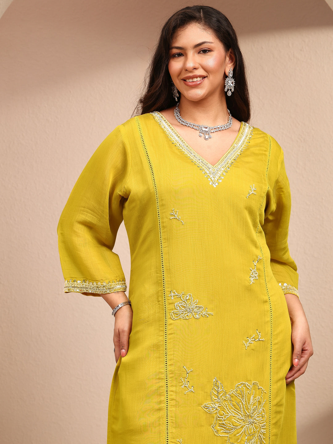 Plus Size Mustard Embroidered Plus Size Clothing Silk Blend Straight Suit Set With Dupatta