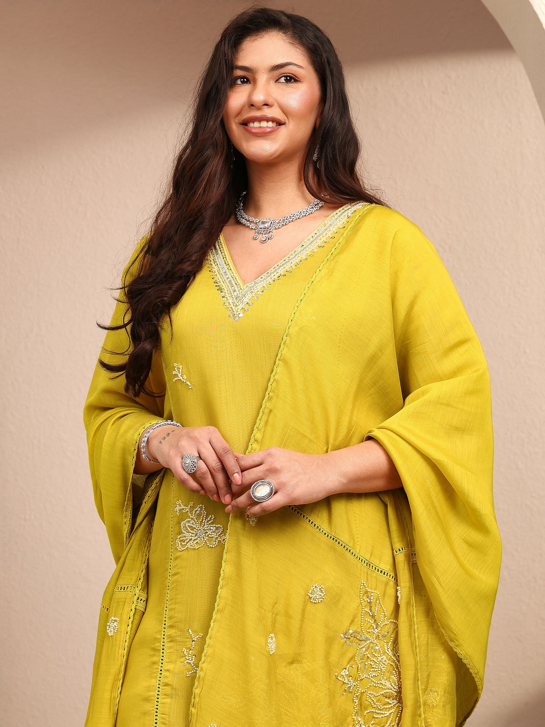 Plus Size Mustard Embroidered Plus Size Clothing Silk Blend Straight Suit Set With Dupatta