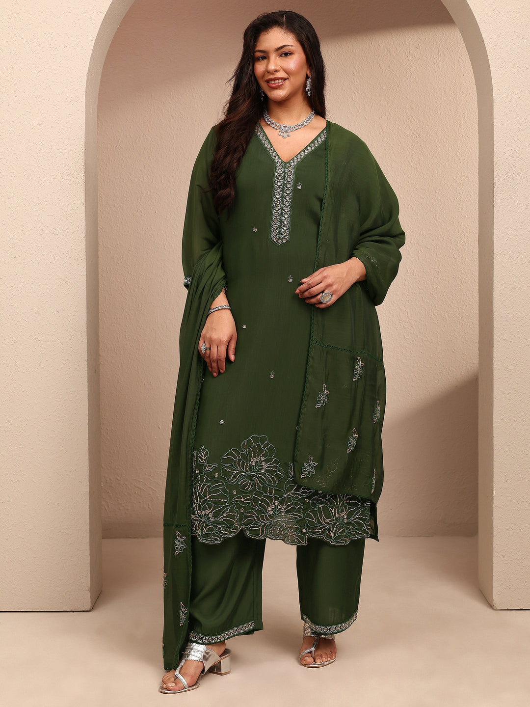 Plus Size Green Embroidered Plus Size Clothing Silk Blend Straight Suit Set With Dupatta