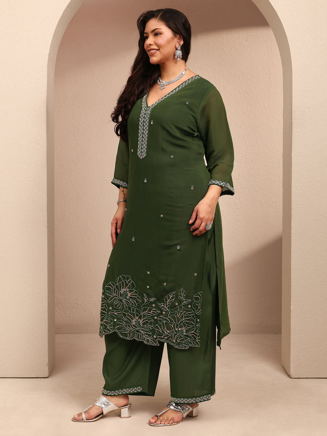 Plus Size Green Embroidered Plus Size Clothing Silk Blend Straight Suit Set With Dupatta