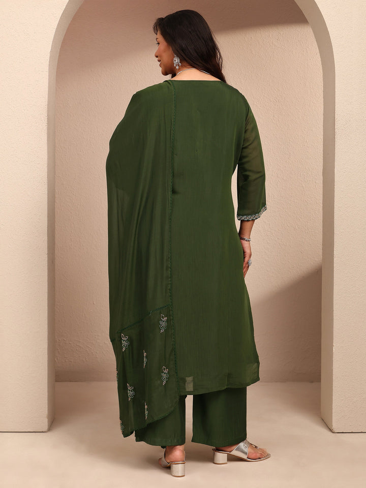 Plus Size Green Embroidered Plus Size Clothing Silk Blend Straight Suit Set With Dupatta