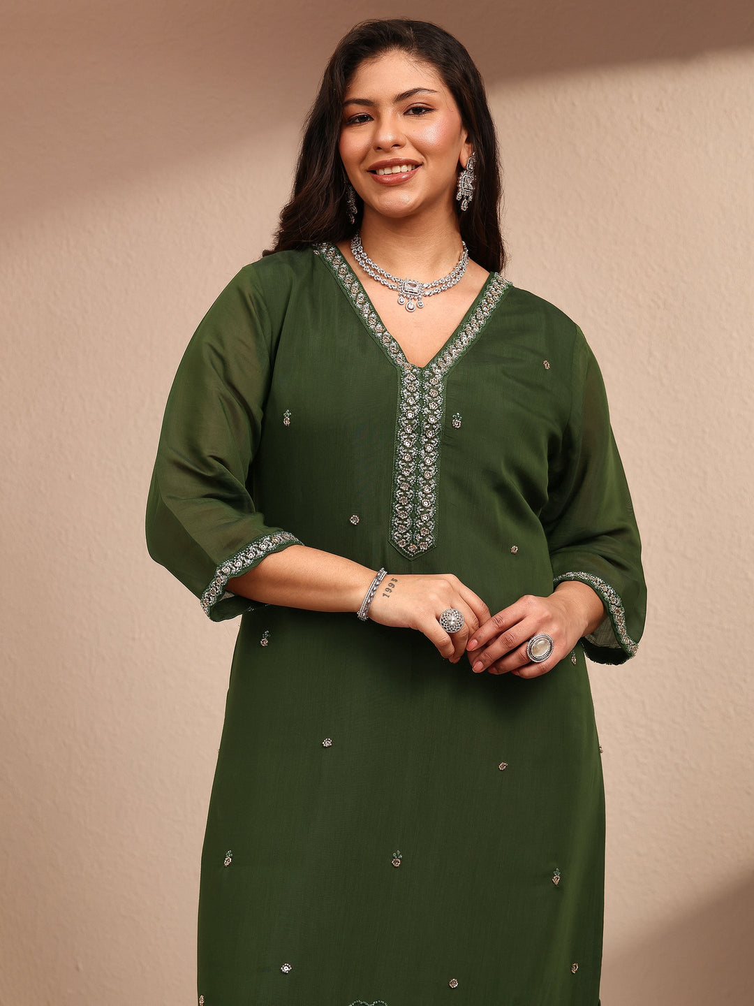 Plus Size Green Embroidered Plus Size Clothing Silk Blend Straight Suit Set With Dupatta