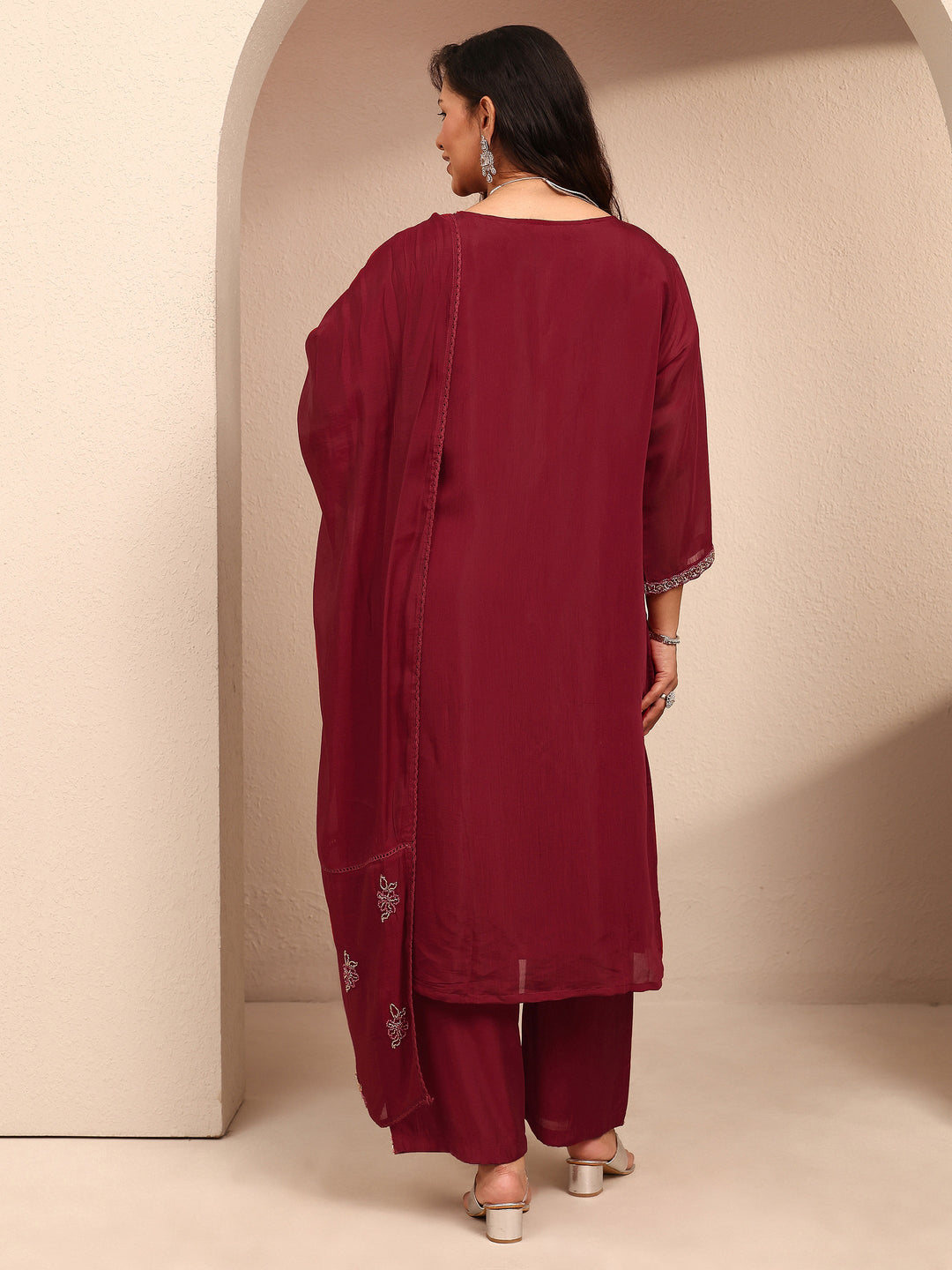 Plus Size Red Embroidered Plus Size Clothing Silk Blend Straight Suit Set With Dupatta