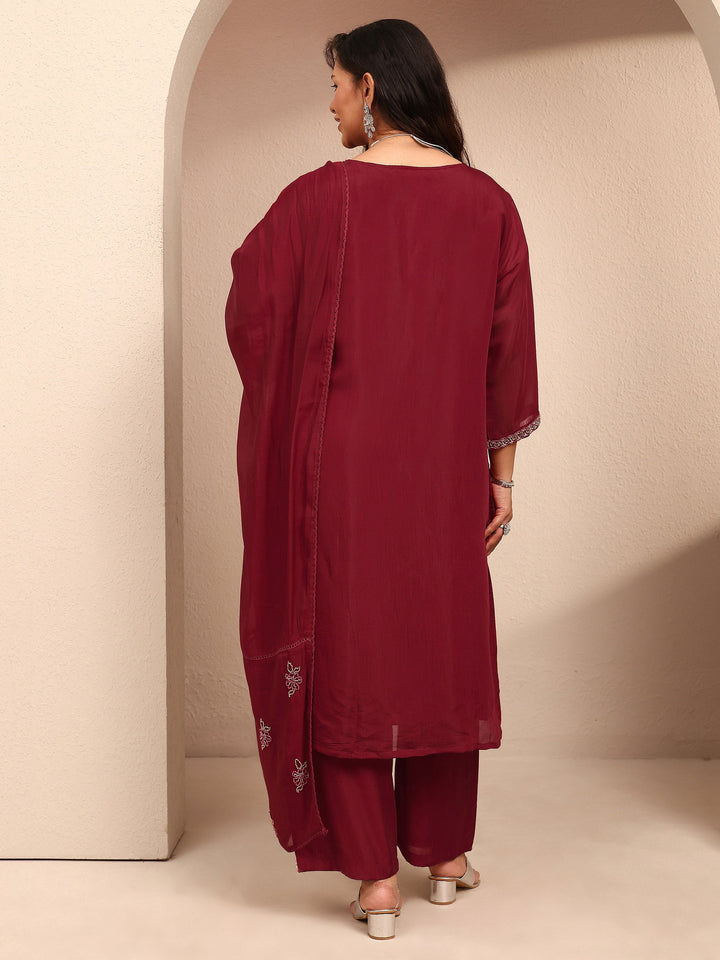 Plus Size Red Embroidered Plus Size Clothing Silk Blend Straight Suit Set With Dupatta