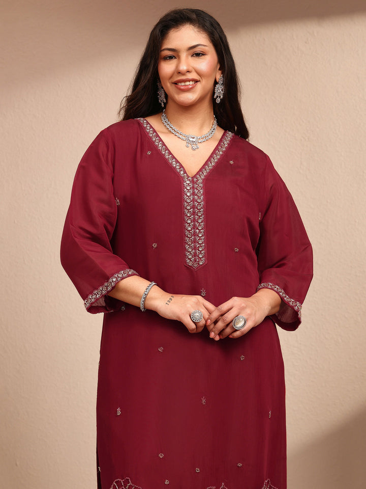 Plus Size Red Embroidered Plus Size Clothing Silk Blend Straight Suit Set With Dupatta