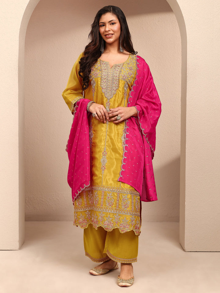 Plus Size Mustard Embroidered Plus Size Clothing Organza Straight Suit Set With Dupatta