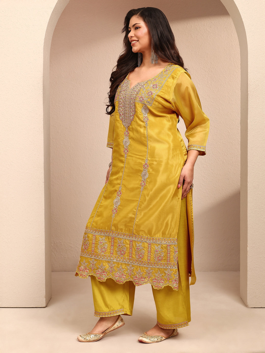 Plus Size Mustard Embroidered Plus Size Clothing Organza Straight Suit Set With Dupatta