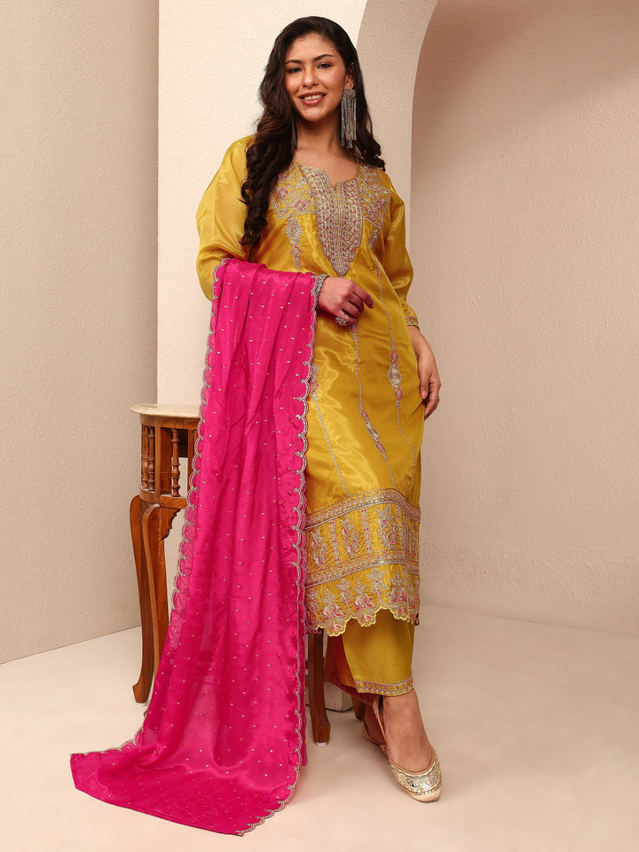 Plus Size Mustard Embroidered Plus Size Clothing Organza Straight Suit Set With Dupatta