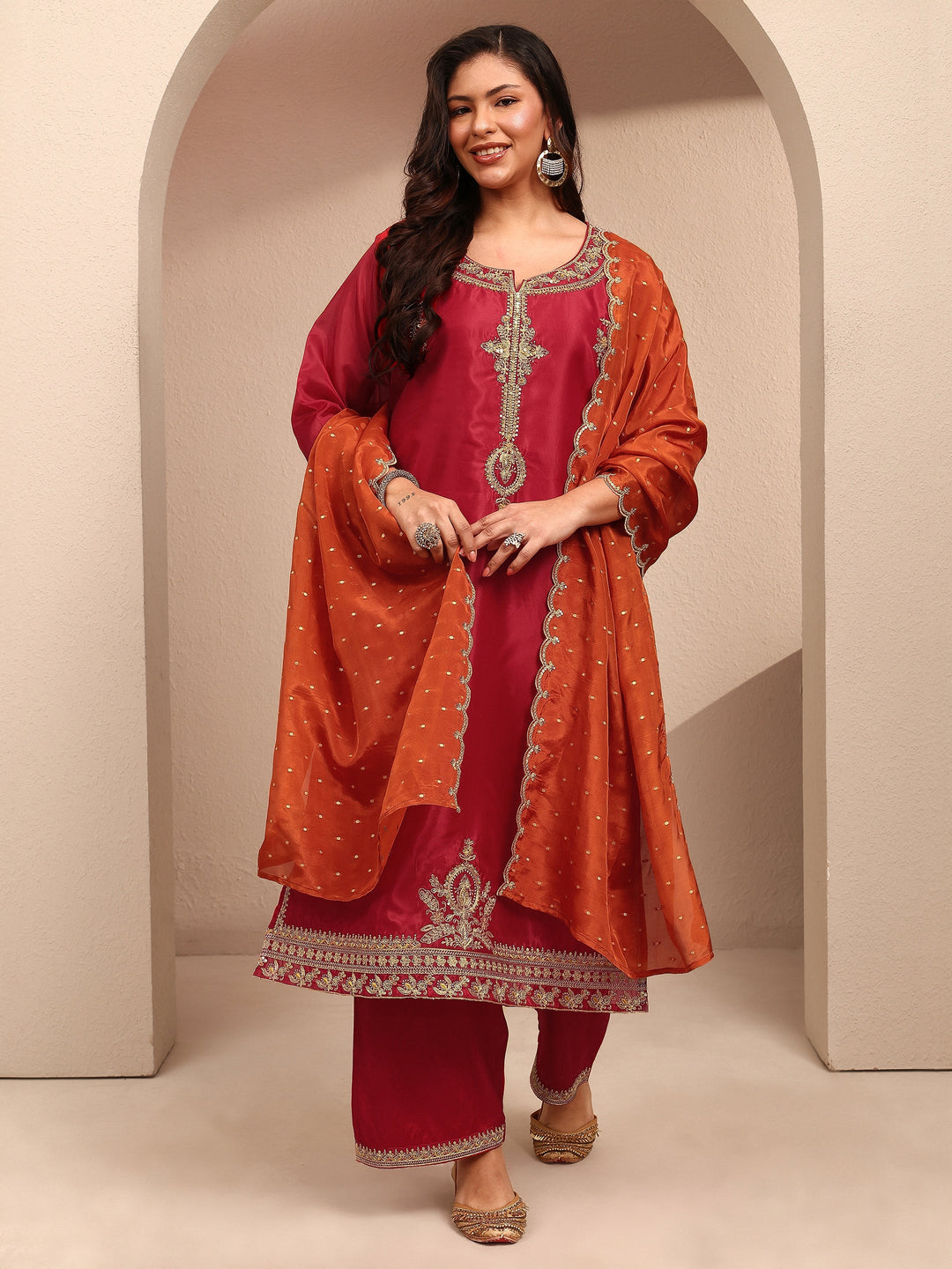 Plus Size Red Embroidered Plus Size Clothing Organza Straight Suit Set With Dupatta
