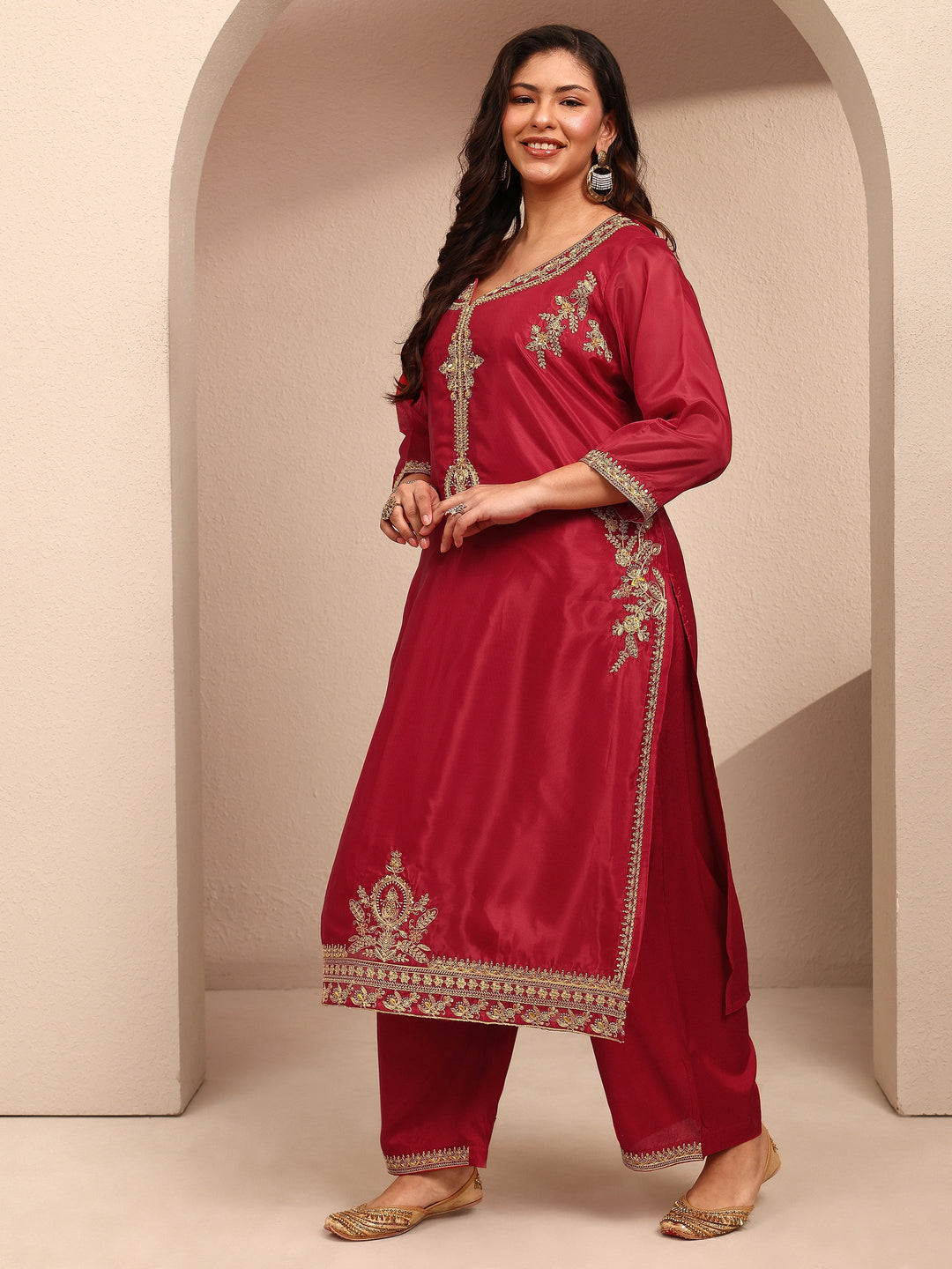 Plus Size Red Embroidered Plus Size Clothing Organza Straight Suit Set With Dupatta