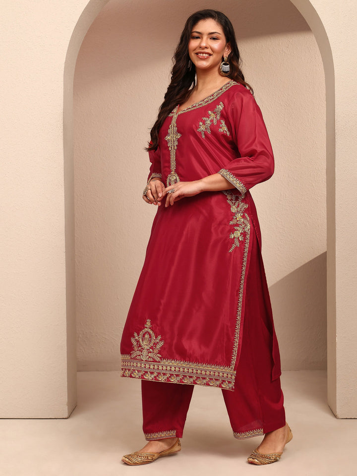 Plus Size Red Embroidered Plus Size Clothing Organza Straight Suit Set With Dupatta