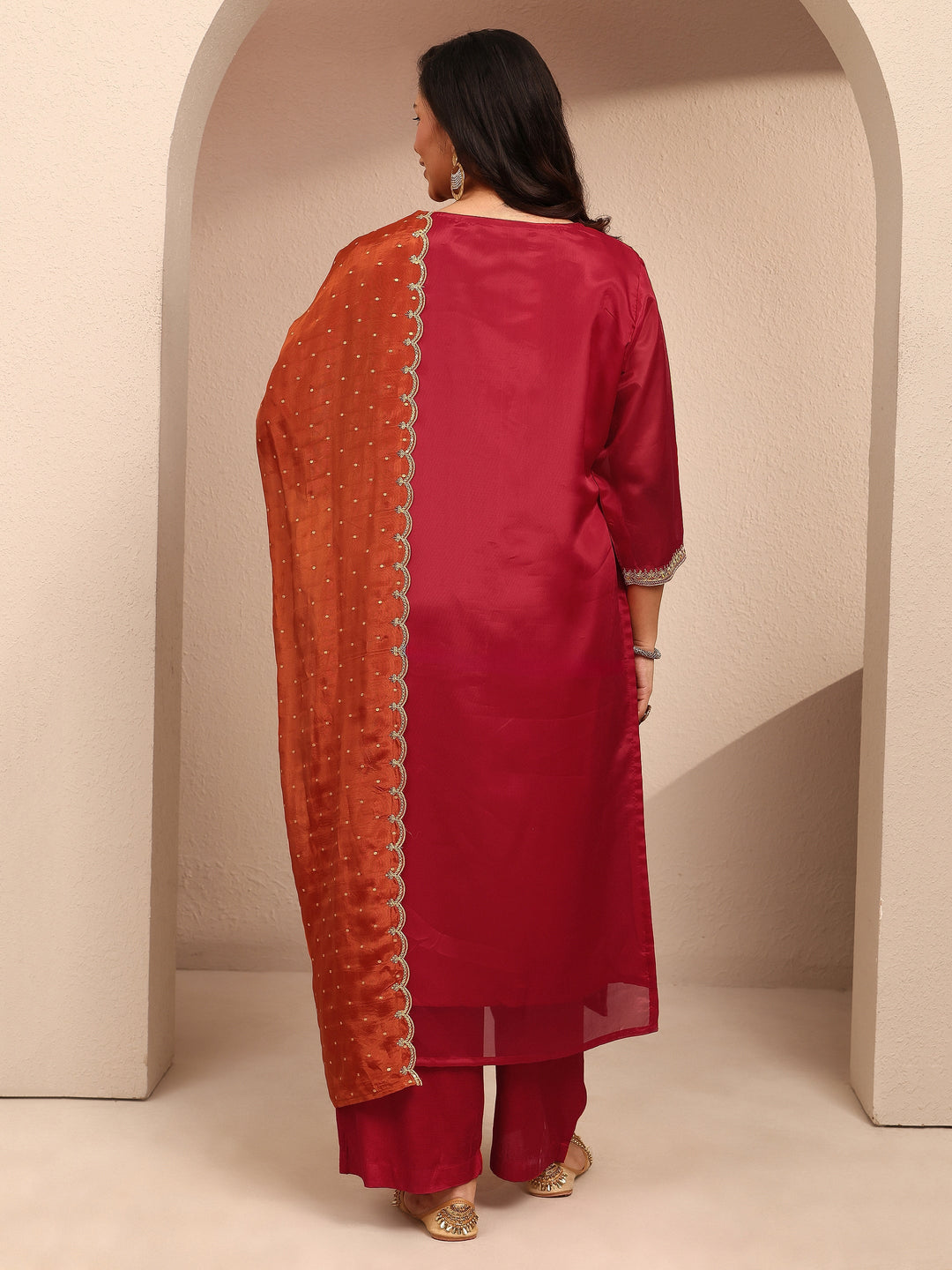 Plus Size Red Embroidered Plus Size Clothing Organza Straight Suit Set With Dupatta