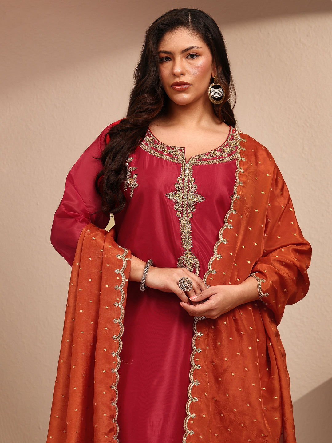 Plus Size Red Embroidered Plus Size Clothing Organza Straight Suit Set With Dupatta