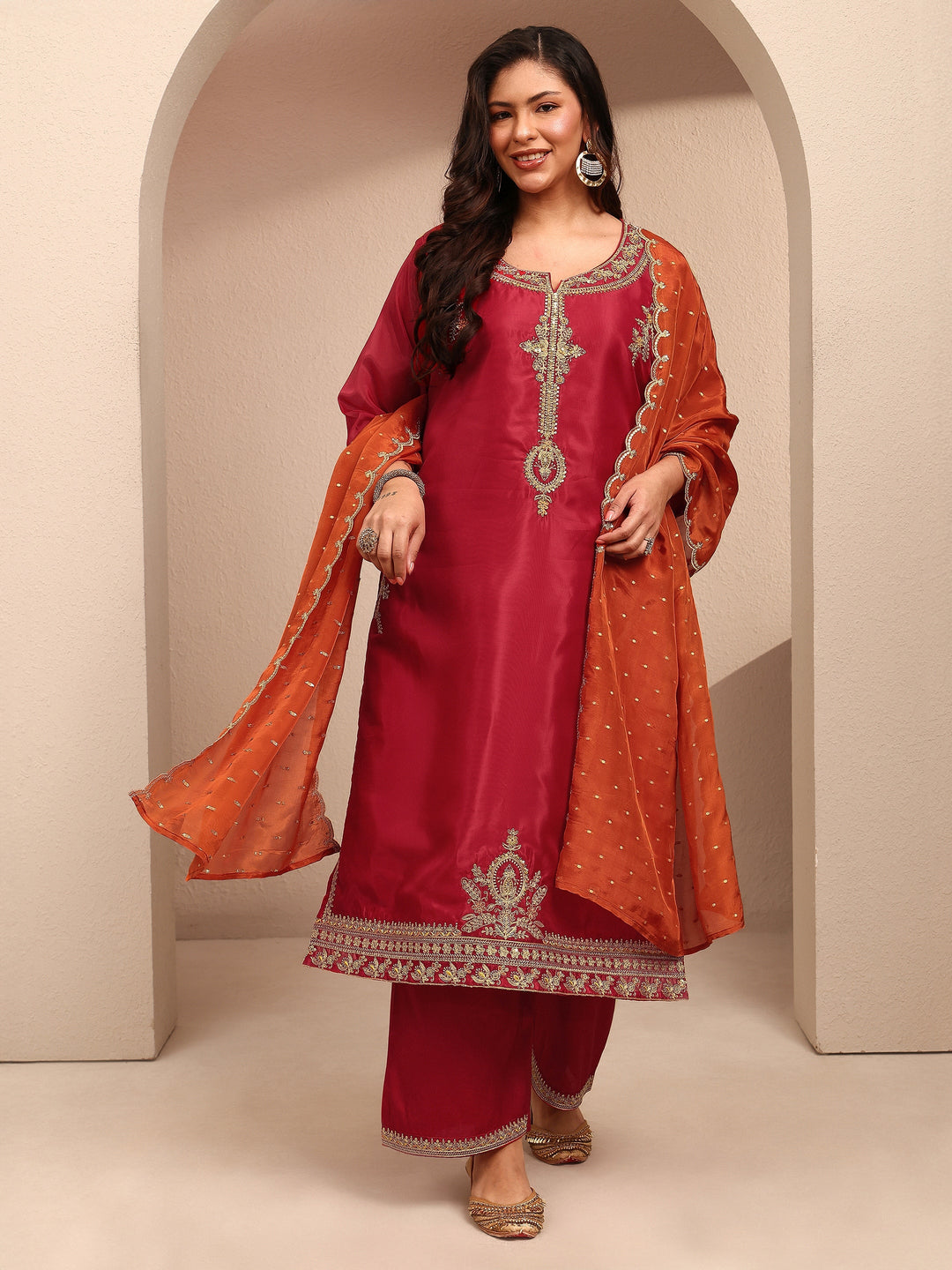 Plus Size Red Embroidered Plus Size Clothing Organza Straight Suit Set With Dupatta