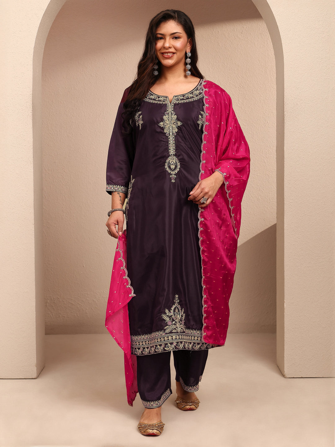 Plus Size Burgundy Embroidered Plus Size Clothing Organza Straight Suit Set With Dupatta
