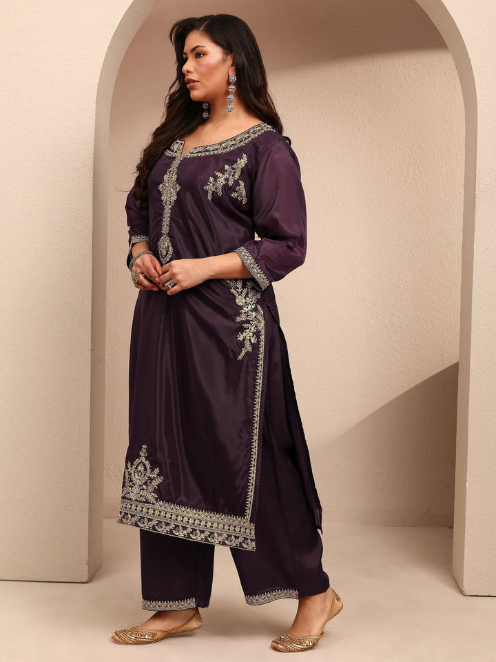 Plus Size Burgundy Embroidered Plus Size Clothing Organza Straight Suit Set With Dupatta