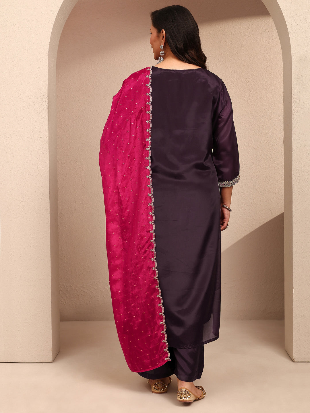 Plus Size Burgundy Embroidered Plus Size Clothing Organza Straight Suit Set With Dupatta