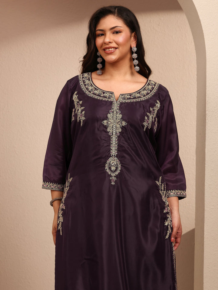 Plus Size Burgundy Embroidered Plus Size Clothing Organza Straight Suit Set With Dupatta