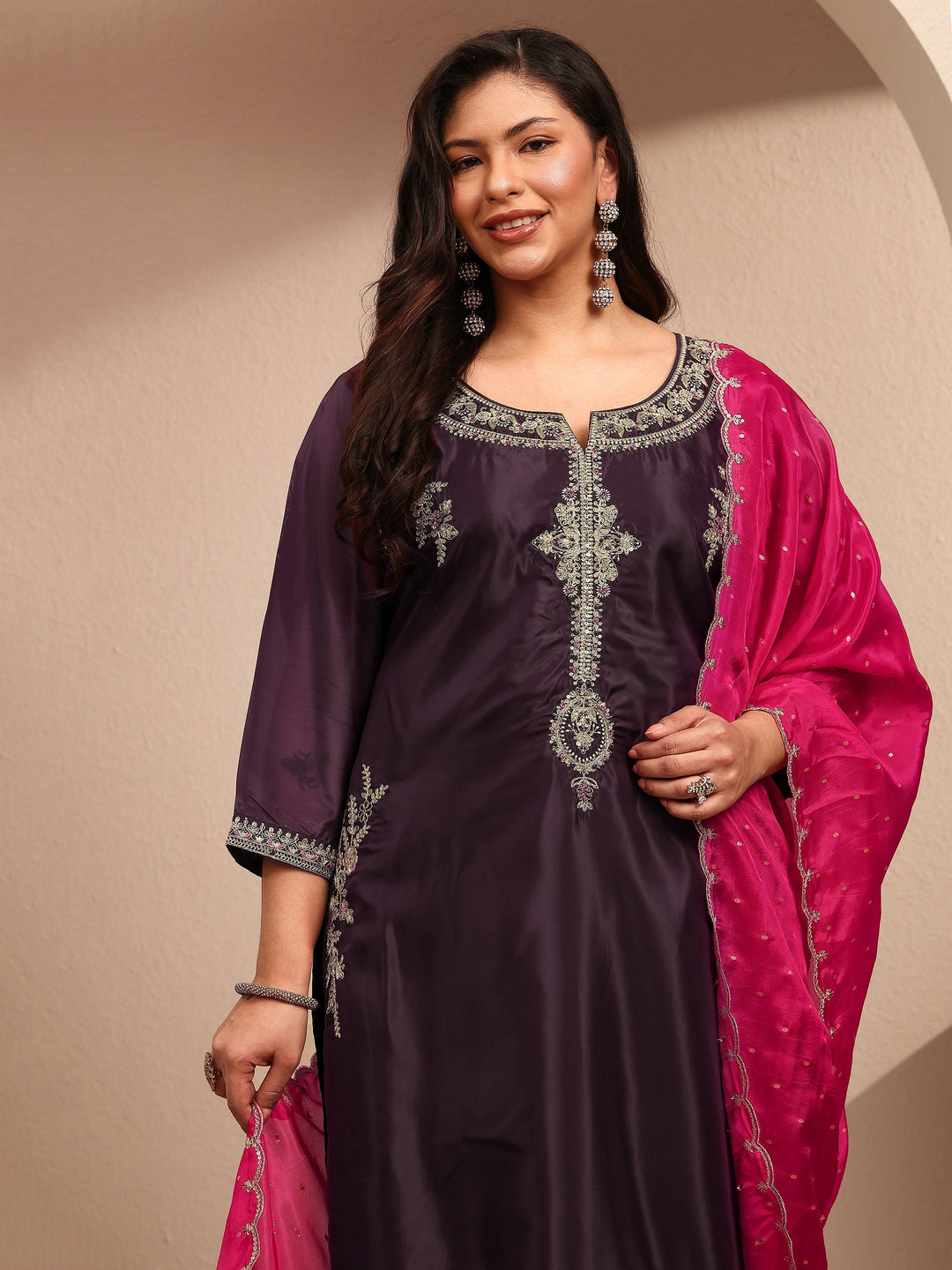 Plus Size Burgundy Embroidered Plus Size Clothing Organza Straight Suit Set With Dupatta