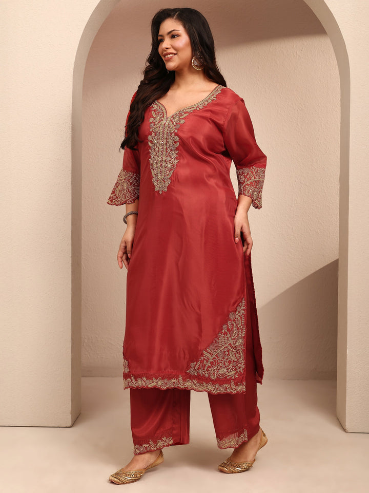Plus Size Rust Embroidered Plus Size Clothing Organza Straight Suit Set With Dupatta