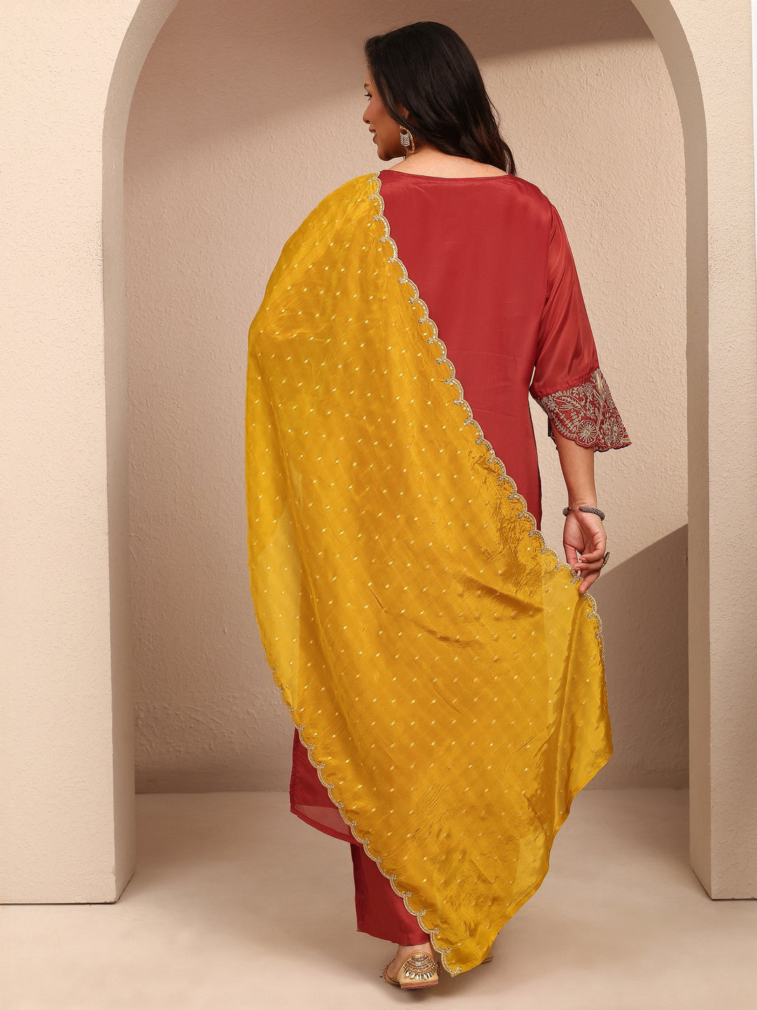 Plus Size Rust Embroidered Plus Size Clothing Organza Straight Suit Set With Dupatta