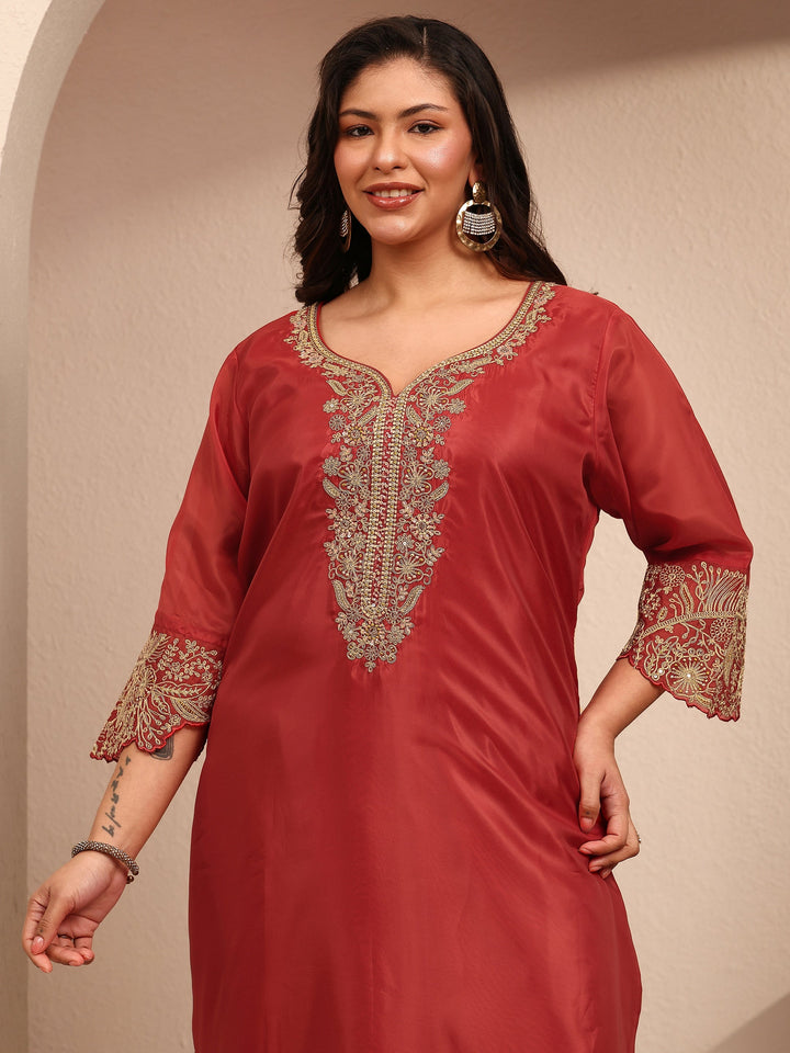 Plus Size Rust Embroidered Plus Size Clothing Organza Straight Suit Set With Dupatta