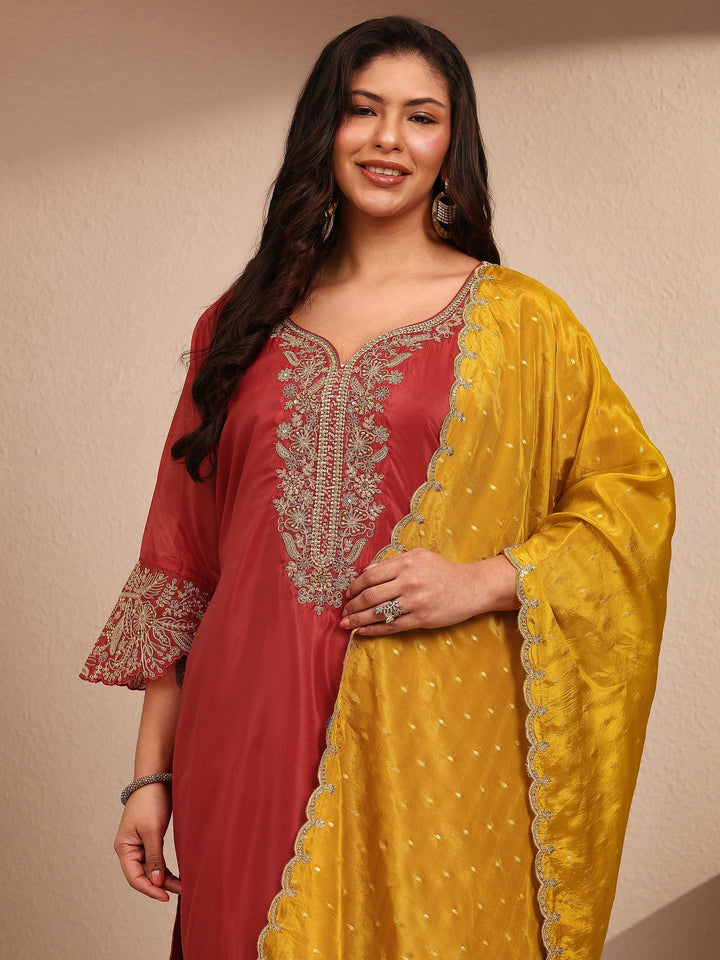Plus Size Rust Embroidered Plus Size Clothing Organza Straight Suit Set With Dupatta