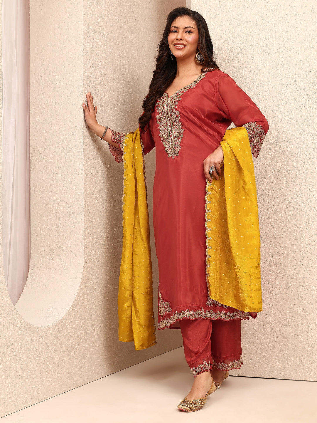 Plus Size Rust Embroidered Plus Size Clothing Organza Straight Suit Set With Dupatta