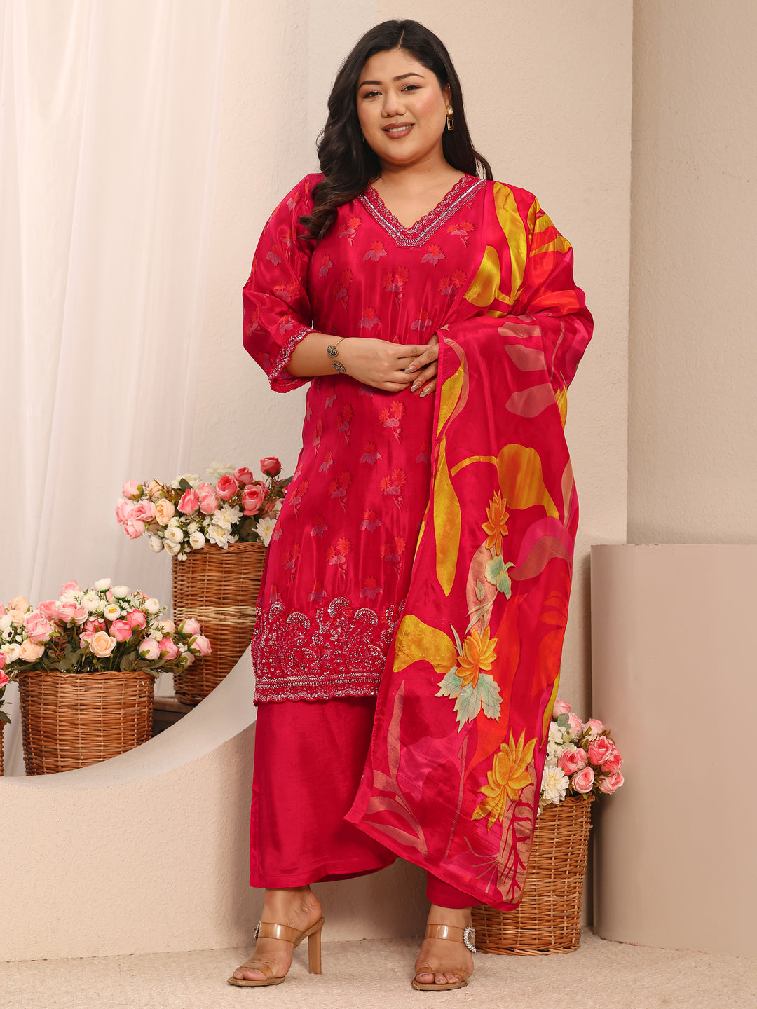 Plus Size Red Printed Crepe Straight Suit Set With Dupatta