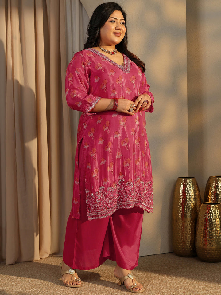 Plus Size Red Printed Crepe Straight Suit Set With Dupatta